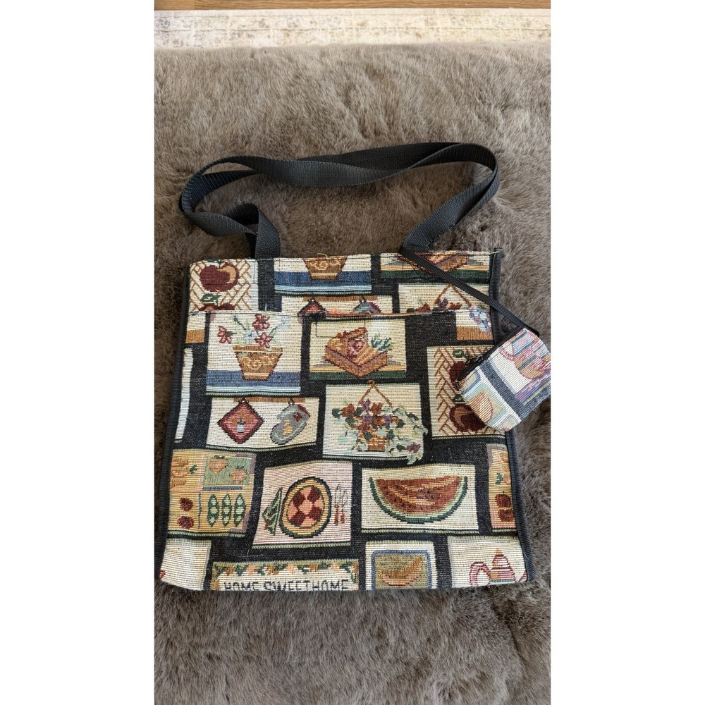VTG "Home Sweet Home" Tapestry Shopping Travel Fold Up Bag Matching Coin Purse